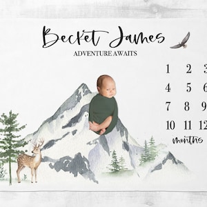 Woodland Milestone Blanket Boy, Personalized Baby Boy Blanket, Baby Growth Tracker,  Custom Blanket, New Baby Gift, Baby Shower Gift