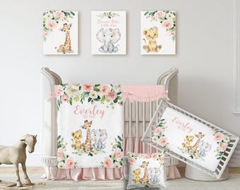 Baby Girl Safari Crib Bedding Set  -Personalized Baby Girl Blanket with Elephant- Floral Safari Baby Pillow -Safari Nursery Set - Crib Sheet