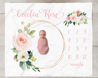 Baby Month Milestone Blanket, Floral Baby Girl Milestone Blanket, Baby Shower Gift, Track Growth and Age, New Mom Baby Shower Gift Blush 501