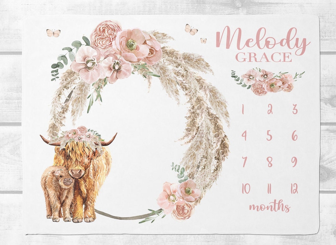 Highland Cow Baby Milestone Blanket - Floral Scotland Photo Prop & Nursery Décor, 40" X 50"