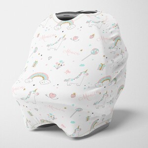 Gepersonaliseerde Unicorn Car Seat Canopy, Girl Stretchy Car Seat Cover, Rainbow Carseat 4 in 1 Cover, Girl Carseat Canopy, Nursing Cover SPC163