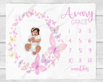 Manta de mariposa para bebé niña, manta rosa con mariposas para el mes, manta personalizada para bebé niña, accesorio fotográfico para baby shower A560