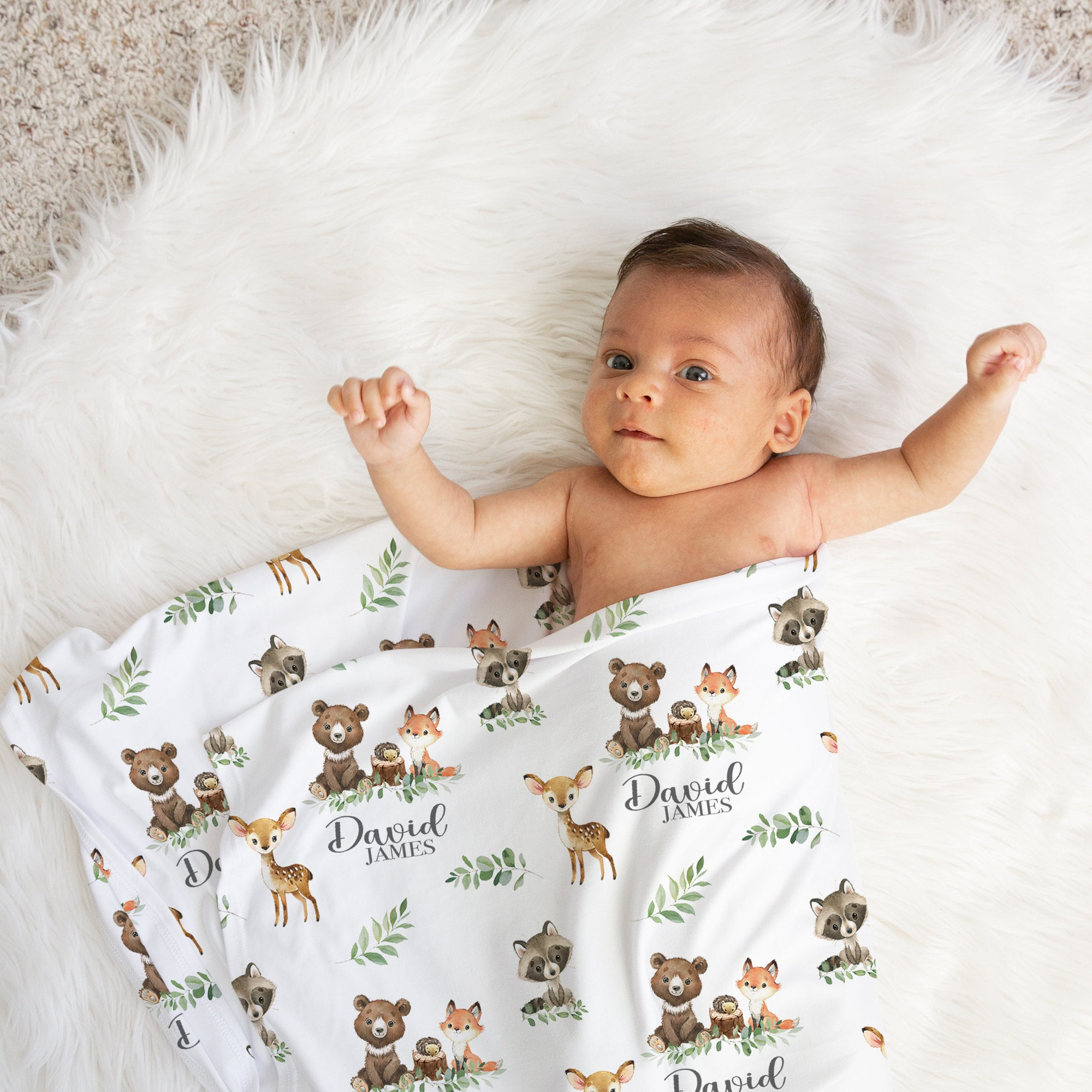 Woodland Swaddle set -Personalized Baby Boy Blanket Hat Set -Woodland Baby Shower Gift  -Forest Animal Blanket -Hospital Home Outfit -S568