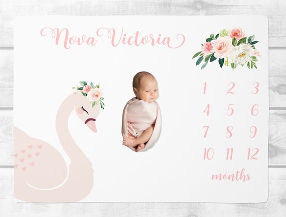 Baby Girl Milestone Blanket Floral Swan Baby Month Blanket Baby
