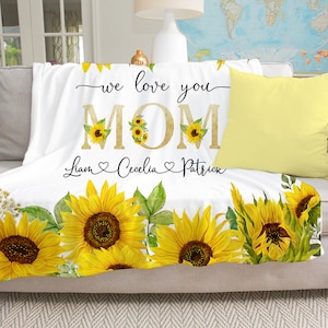 Regalo personalizado para el Día de la Madre, Manta para el Día de la Madre, Regalo de Navidad para mamá de los niños, Manta familiar de girasol, Manta de tiro personalizada