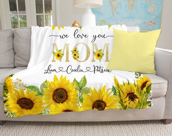 Personalized Mother's Day Gift, Mothers Day Blanket, Christmas Present for Mom from Kids,  Sunflower Family Blanket, Custom Throw Blanket