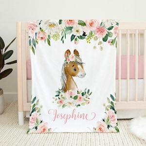 Personalized Baby Girl Blanket -Baby Name Blanket - Horse Baby Shower Gift- Farm Animals Nursery - Horse Bedding -Baby Girl Horse Blanket