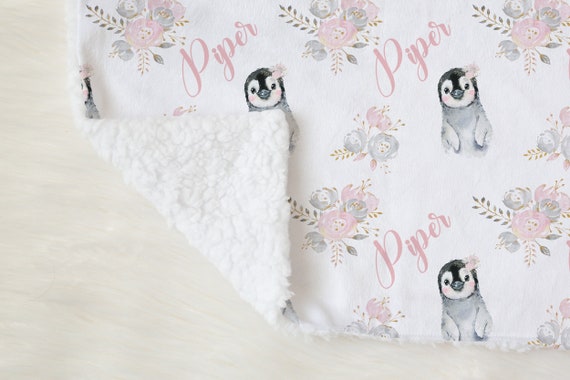 Floral Penguin Swaddle Blanket Headband Hat Set personalized Baby