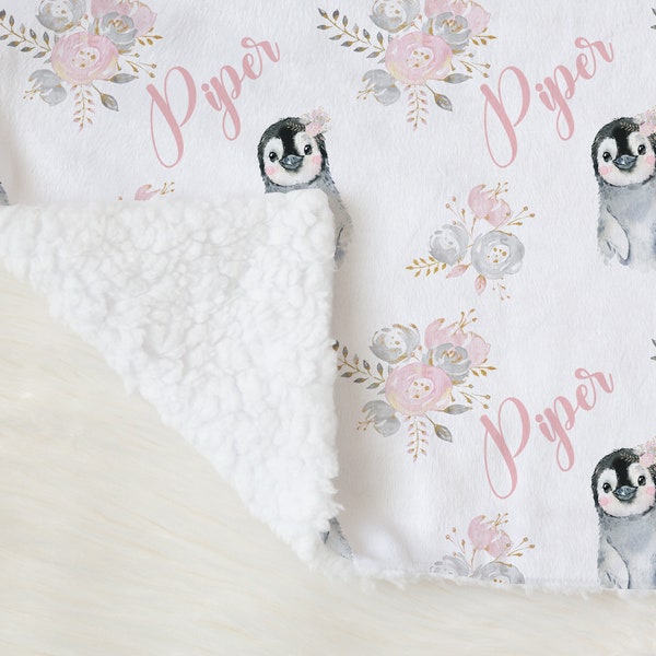 Floral Penguin Swaddle Blanket Headband Hat Set -Personalized Baby Shower Gift - Baby Name Announcement - Personalized Baby Girl Blanket