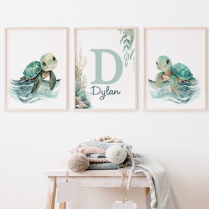 Arte de pared de guardería de tortuga marina bebé, Decoración bajo el mar, Juego de 3 impresiones de arte oceánico, Conjunto de arte de pared de tortuga marina personalizado de impresiones digitales 561