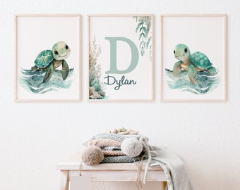 Baby Sea Turtle Nursery Wall Art, Under the Sea Decor -set of