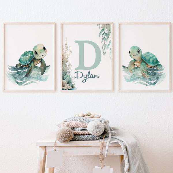 Baby Sea Turtle Nursery Wall Art, Under the Sea Decor -Set of 3 Ocean Art Prints, Personalized Sea Turtle Wall Art Set of Digital Prints 561