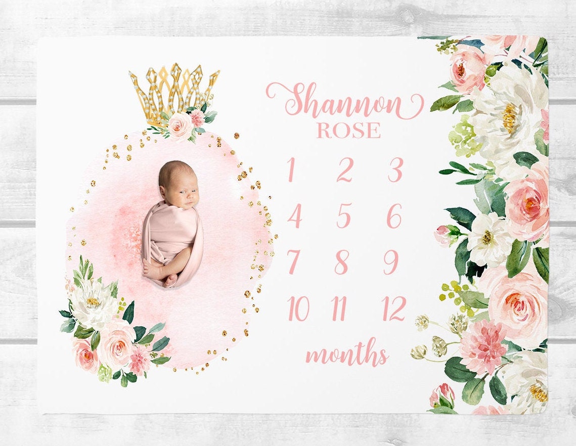 Baby Girl Milestone Blanket Girl,  Floral Baby Blanket, Monthly Growth Blanket, Personalized Princess Baby Blanket Princess Baby Shower Gift
