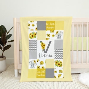 Personalized Baby Girl Blanket - Elephant Sunflower Baby Quilt- Baby Name Blanket Baby Shower Gift- Personalized Baby Gift -Baby Keepsake