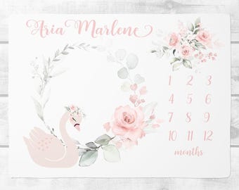 Baby Girl Milestone Blanket, Floral Swan Baby Month Blanket,  Baby Growth Tracker Blanket, Personalized Baby Girl Blanket, New Mom Gift