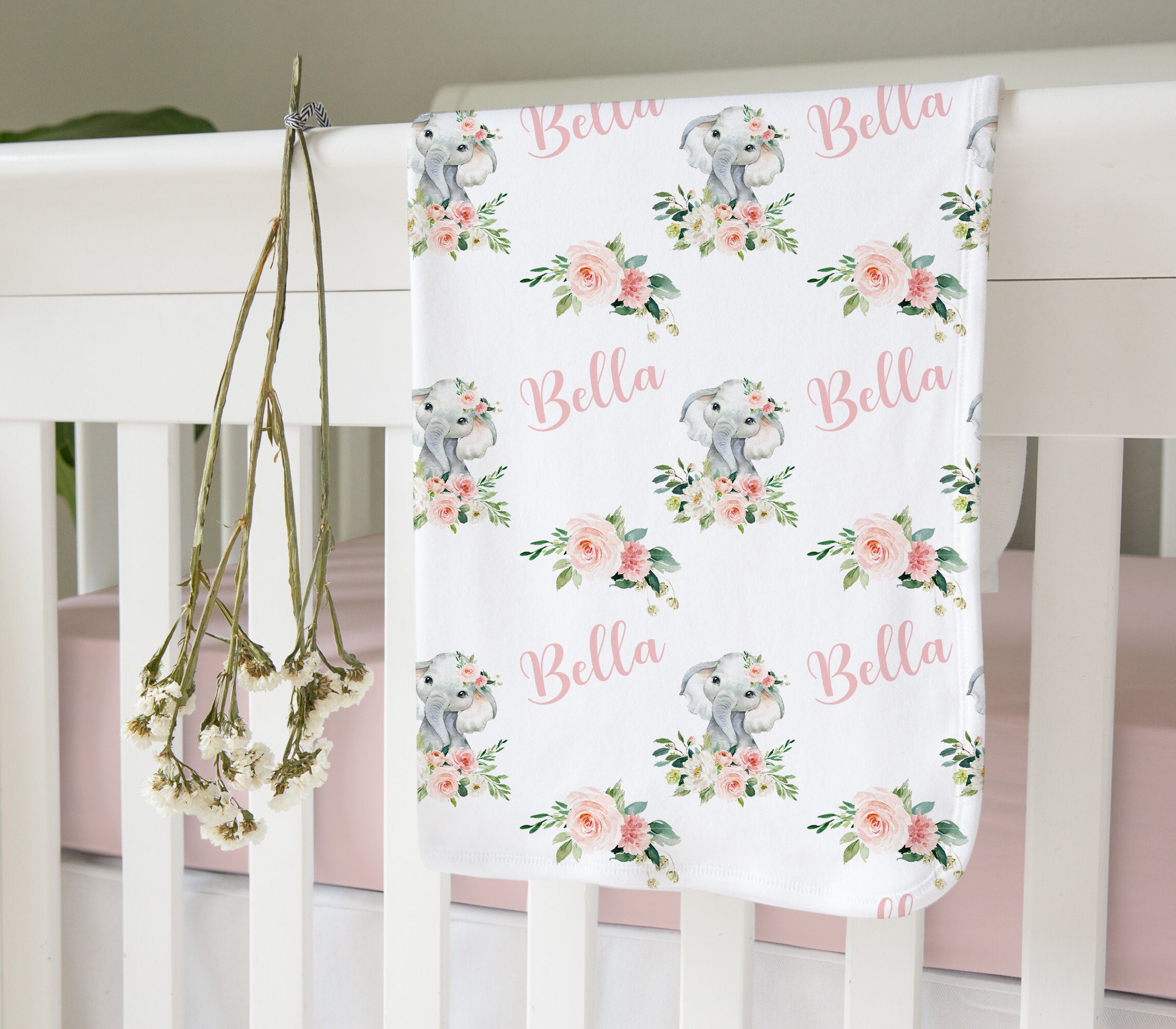 Blush Floral Elephant Swaddle Blanket Headband Hat Set Etsy