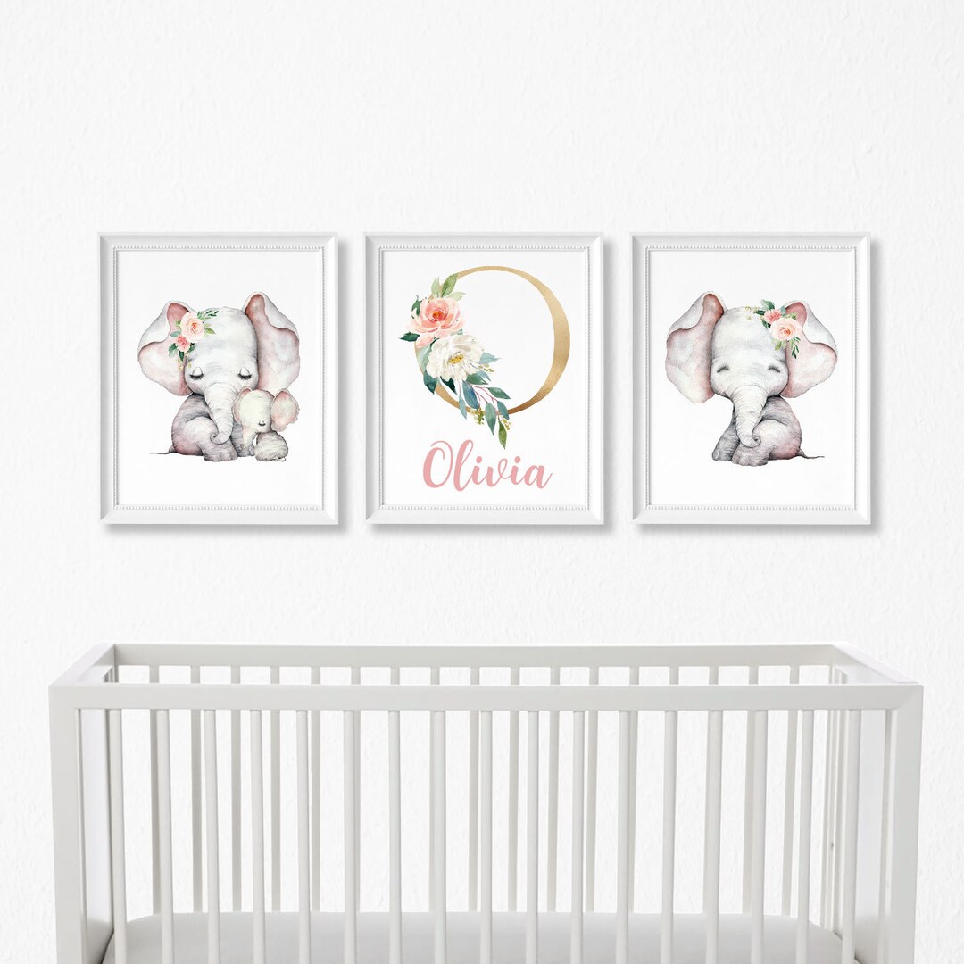 Baby Girl Elephant Nursery Wall Art, Set of 3 Printable Personalized ...