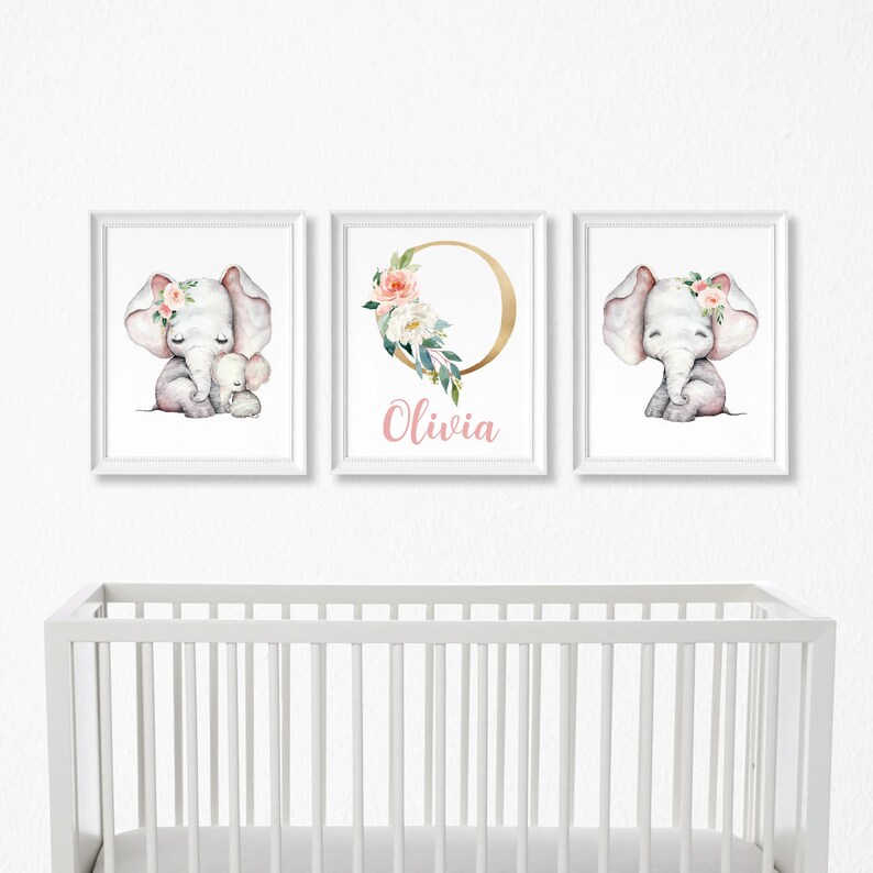 Baby Girl Elephant Nursery Wall Art Set of 3 Printable - Etsy