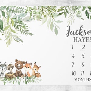 Woodland Milestone Blanket Boy, Manta personalizada para bebés, Manta para bebés de animales del bosque, Manta personalizada, Nuevo regalo para bebés, Regalo de ducha SM549