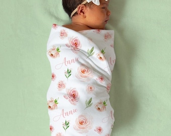 Blush Pink Floral Swaddle Blanket Headband Hat Set -Personalized Baby Shower Gift - Baby Name Announcement - Personalized Baby Girl Blanket