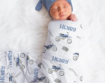 Personalisierte Dirtbike Swaddle Set -Motocross Baby Decke Hut Set -Baby Boy Party Geschenk -Krankenhaus -Namensansage -nach Hause kommen SW171