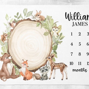 Manta de hito del bosque, manta personalizada del hito del bebé con animales del bosque, manta personalizada del mes del bebé, regalo de baby shower, A537