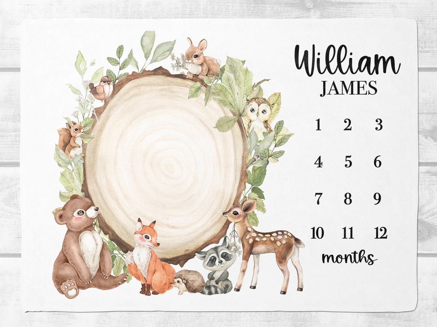 Woodland Milestone Blanket, Personalized Baby Milestone Blanket with Forest Animals, Custom Baby Month Blanket,  Baby Shower Gift, A537