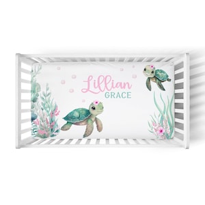 Personalized Sea Turtle Crib Sheet -Custom Ocean Nursery Crib Bedding -Baby Girl Shower Gift Under the sea Nursery- Turtle Changing Pad -562
