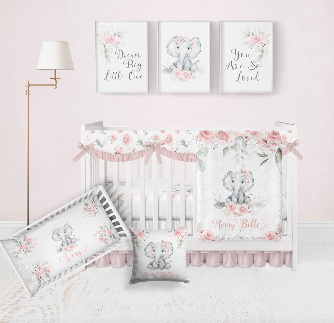 Baby Girl Elephant Nursery Wall Art Floral Animal Set of 3 | Etsy