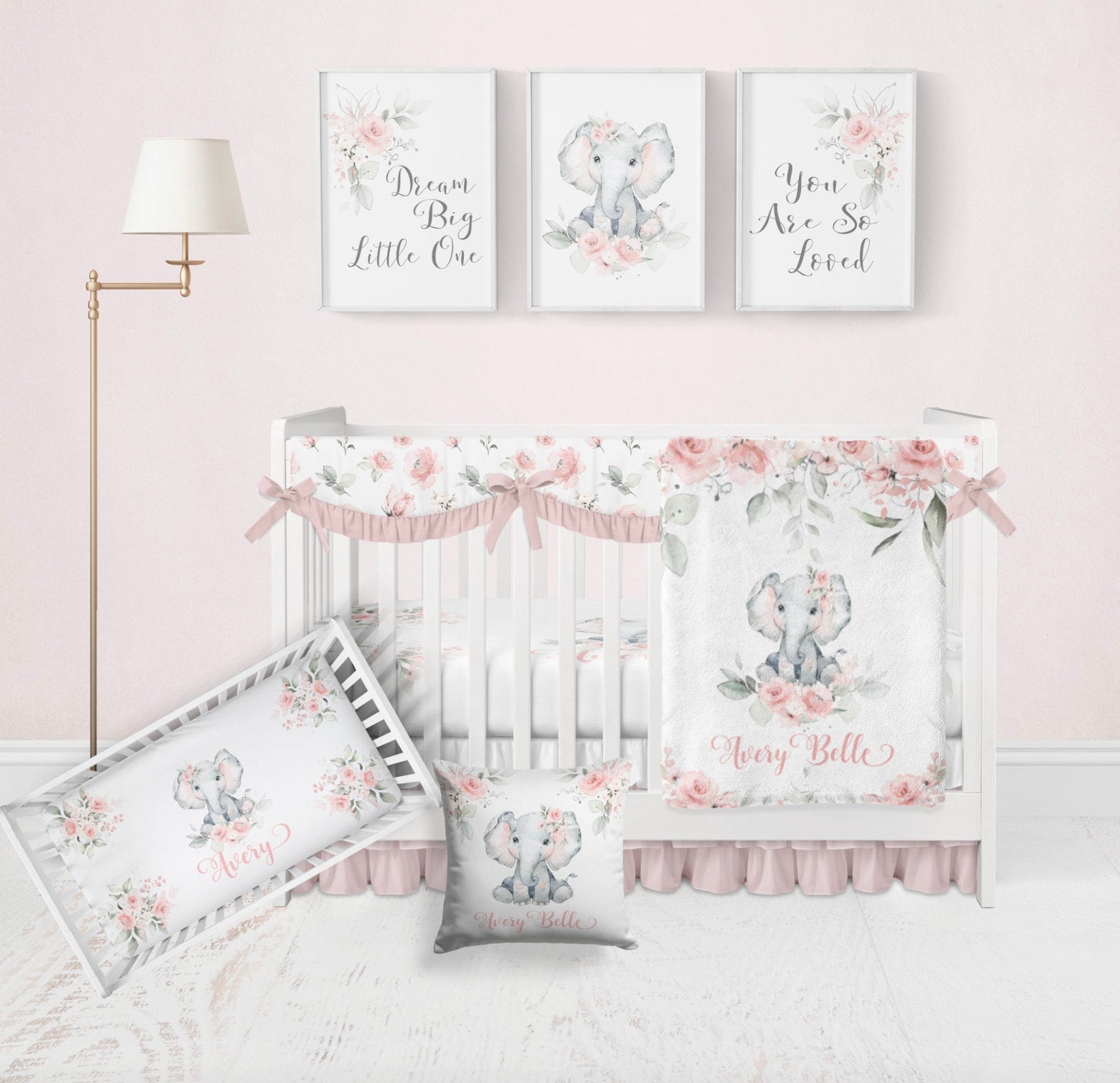 Baby Girl Elephant Nursery Wall Art, Floral Animal Set of 3 Printable ...