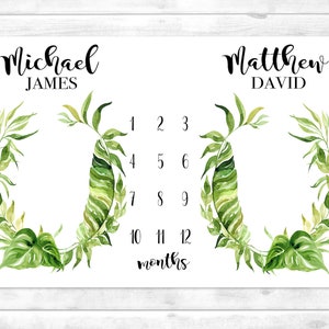 Twin Milestone Blanket with Greenery Wreaths,  Boy Girl Twin Milestone Blanket, Personalized Baby Shower Gift for Mixed Gender Twins