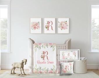 Vintage Rose wieg beddengoed set - gepersonaliseerde babydeken met zachte bloemen - babybedje wieg beddengoed - roségouden bloemen kinderkamerset