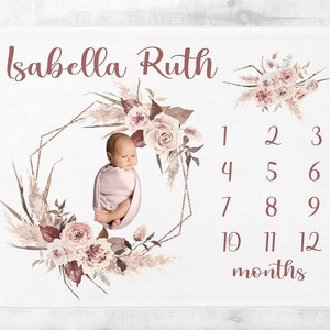 Baby Girl Milestone Blanket, Boho Baby Milestone Blanket with Dried Flowers, Personalized Baby Girl Blanket, Month Blanket, Baby ShowerSM112