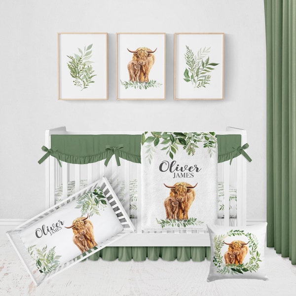 Baby Boy Highland Crib Bedding Set  -Personalized Baby Boy Blanket with Highland Cows- Highland Cow Nursery Bedding, Farm Baby Blanket  A551