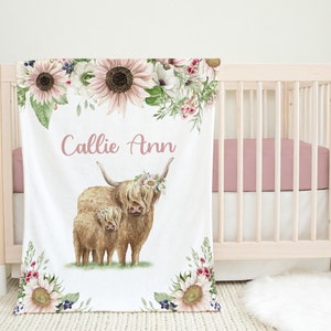 Highland Cow Baby Blanket -Personalized Baby Girl Blanket - Floral Farm Blanket -Baby Name Blanket -Baby Shower Gift-
