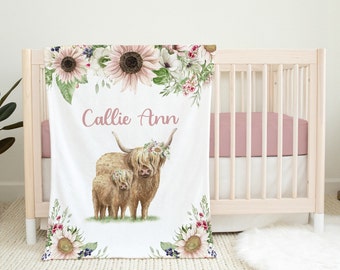 Highland Kuh Baby Decke -Personalisierte Baby Mädchen Decke - Floral Farm Decke -Baby Name Decke -Babyparty Geschenk-