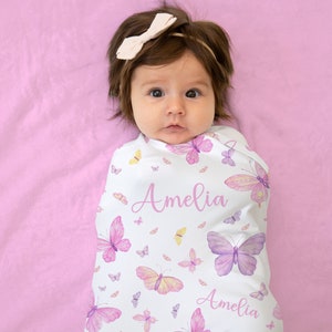 Personalized Butterfly Swaddle set- Custom Blanket Headband Set -Baby Shower Gift Hospital Name Announcement -Custom Baby Blanket -SW560