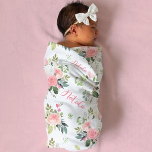 Pink Floral Swaddle Blanket Headband Hat Set -Personalized Baby Shower Gift - Hospital Name Announcement - Personalized Baby Girl Blanket