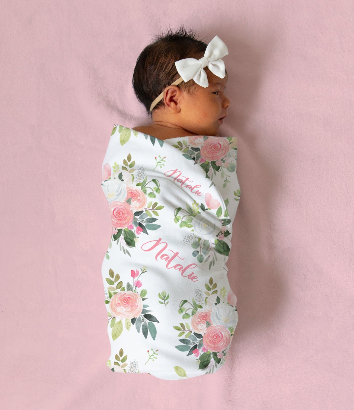 Pink Floral Swaddle Blanket Headband Hat Set personalized Etsy