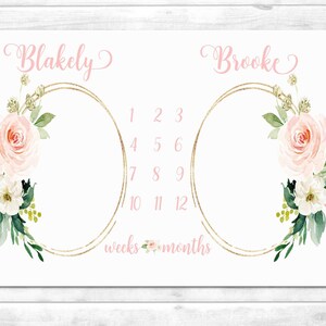 Twin Girls Milestone Blanket, Blush Floral Baby Month Blanket, Personalized Baby Shower Gift for Twin Girls, Personalized Blanket