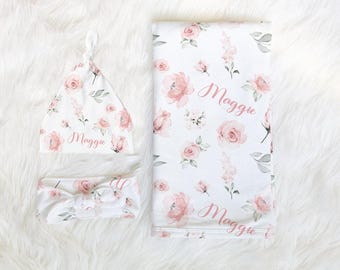 Blush Pink Floral Swaddle Blanket Headband Hat Set -Custom Baby Shower Gift -Hospital Name Announcement - Personalized Baby Girl Blanket