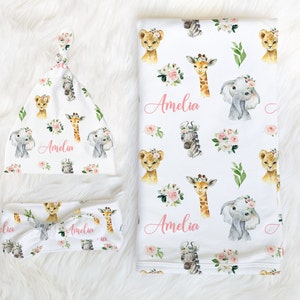 Floral Safari Animal Swaddle Blanket Headband Hat Set -Personalized Baby Shower Gift -Hospital Newborn Photos Personalized Baby Girl Blanket