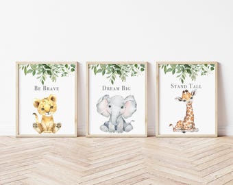 Safari Wall Art Prints - Set of Three Safari Animal Canvases- Boys Room Wall Art - Playroom Wall Art -Gender Neutral Safari Nursery Art