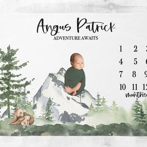 Woodland Milestone Blanket Boy, manta personalizada para bebés con osos, rastreador de crecimiento del bebé, manta con nombre personalizado, nuevo regalo de baby shower