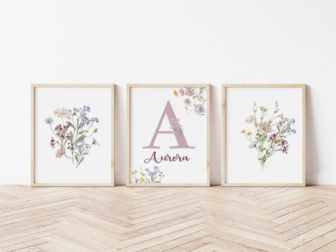 Baby Girl Wildflower Nursery Wall Art, Boho Floral Rainbow Art Set of 3 ...
