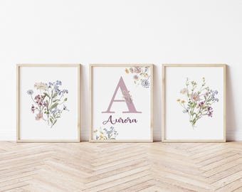 女の子の赤ちゃん用ワイルドフラワー保育園用ウォールアート、ボヘミアンフローラルレインボーアート3枚セット（印刷可能なアートプリント）、女の子の部屋用ウォールアートプリントセット 553