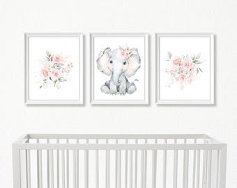 Baby Girl Elephant Nursery Wall Art, Floral Animal Set of 3 Printable Prints, Baby Girl Nursery Wall Art, Elephant Set of Digital Prints
