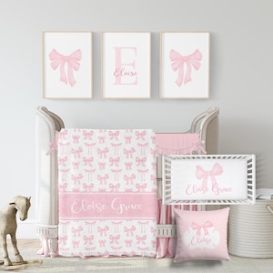 Pink Bow Crib Bedding Set - Personalized Baby Girl Nursery Bedding - Personalized Baby Girl Shower Gift- Coquette Aesthetic Nursery Set 587
