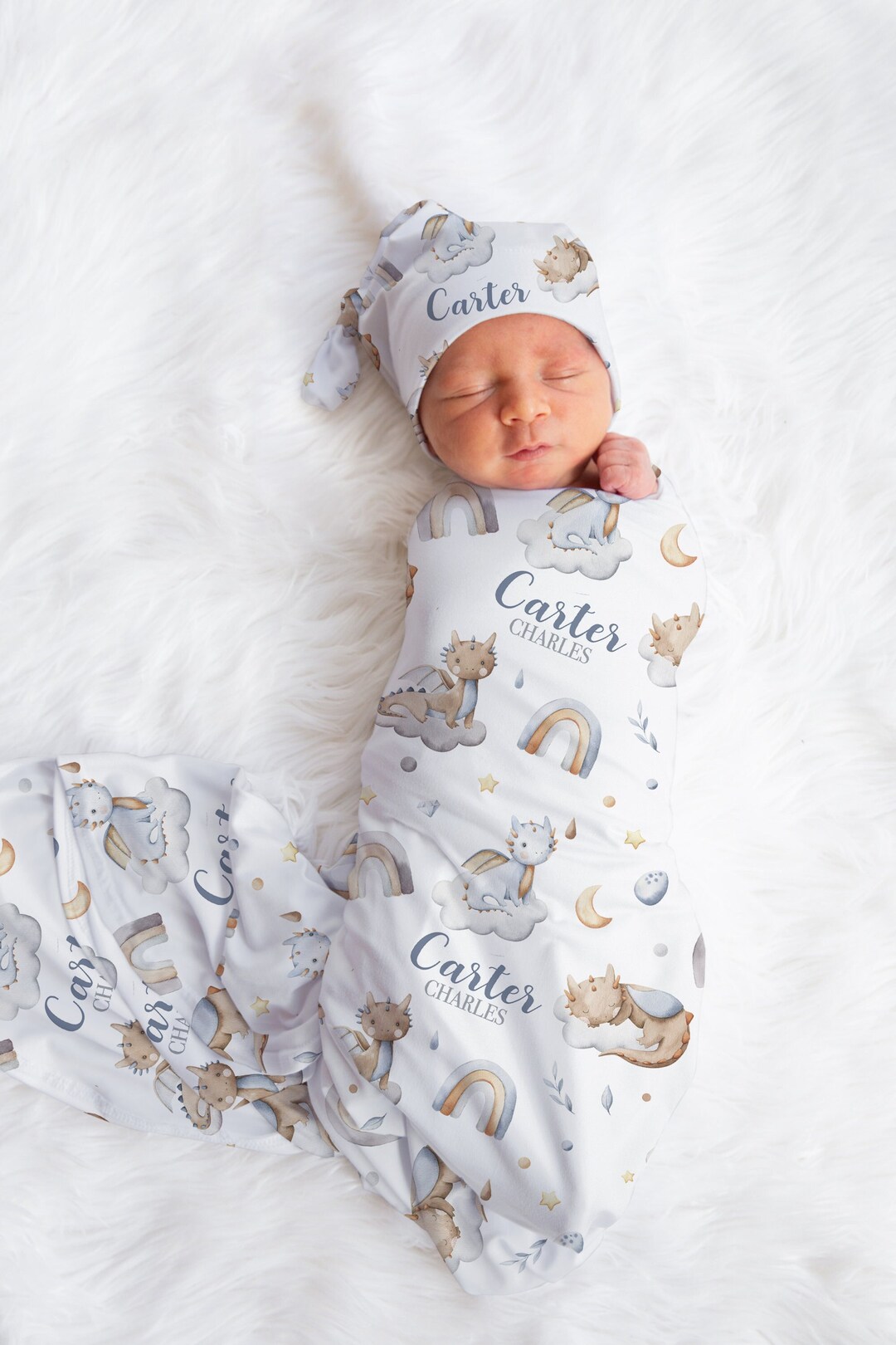 Dragon Swaddle Blanket Hat Set custom Baby Gift Hospital Name Etsy