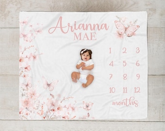 Baby Girl Wildflower Milestone Blanket, Blush Floral Butterfly Month Blanket, Personalized Girl Milestone Blanket, Baby Shower Gift, SM583